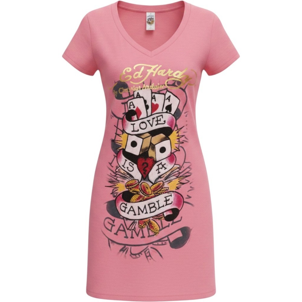 Ed Hardy T-Shirt Dress Love is a Gamble 100% Cotton Small Pink Y2K Tattoo Art